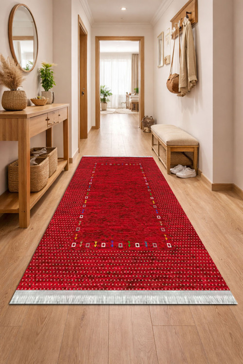 Kaymaz Dot Taban Dijital Baskılı Yıkanabilir Leke Tutmayan Salon Halısı Yolluk