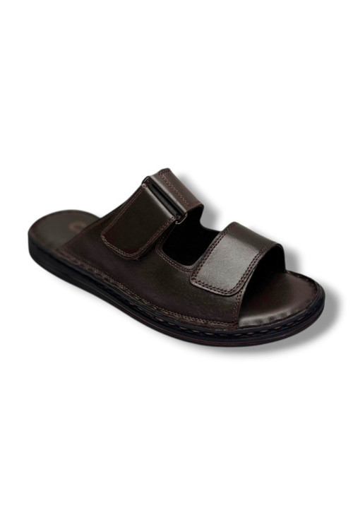 182-26 Hakiki Deri Ultra Soft Çift Bant Cırtlı Anatomik Erkek Terlik 40-47