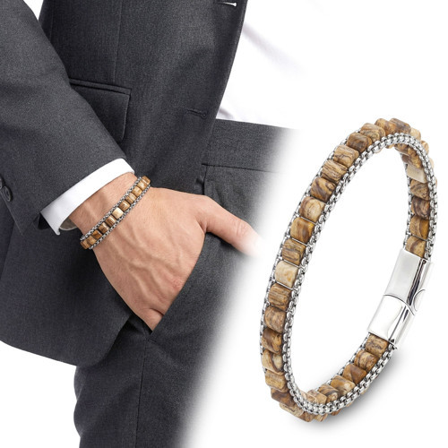 Premium Odun Jasper Doğal Taşlı Hasır Örgü Zincirli Erkek Çelik Bileklik 31832B28D13 - 21 cm