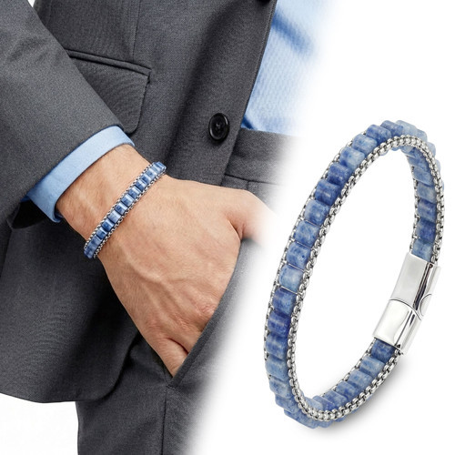 Premium Mavi Aventurin Doğal Taşlı Hasır Örgü Zincirli Erkek Çelik Bileklik 31832B28D12 - 21 cm