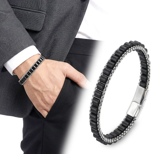 Premium Oniks Doğal Taşlı Hasır Örgü Zincirli Erkek Çelik Bileklik 31832B28D11 - 20 cm