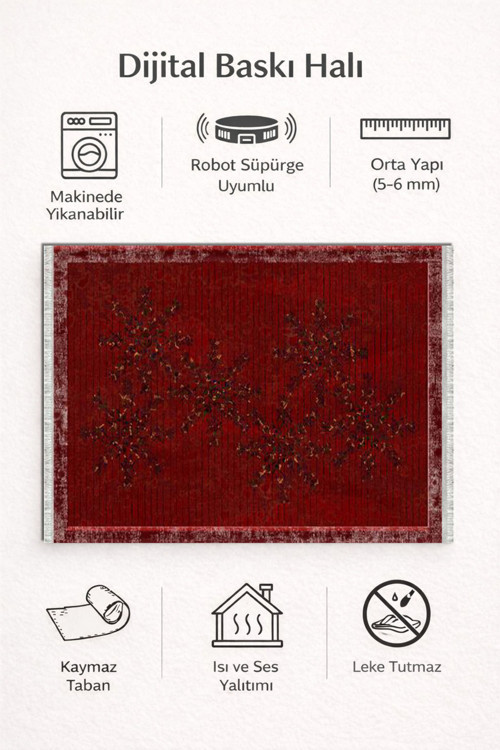 Kaymaz Dot Taban Dijital Baskılı Yıkanabilir Leke Tutmayan Salon Halısı Yolluk