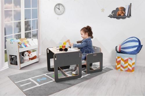 2-4 Yaş Kumru Ahşap Çocuk Çalışma Oyun Masa Sandalye Ve Kitaplık Seti/ Antrasit Beyaz