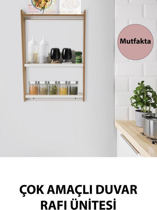 Çok Amaçlı Duvar Montessori Kitaplık Ünitesi, Duvar Rafı, Baharatlık / 3 Raflı / Naturel