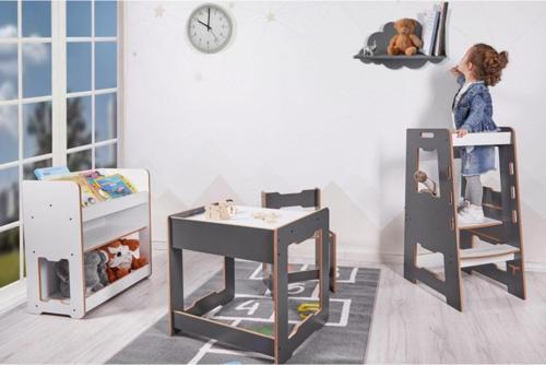 Martı 4-6 Yaş Ahşap Masa Sandalye, Kitaplık Ve Öğrenme Kulesi Seti / Antrasit Beyaz