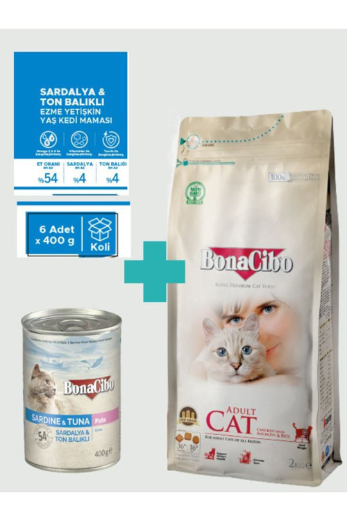 Tavuklu Kuru Mama 2 Kg & Deniz Ürünlü Ezme Yaş Mama Avantaj Paketi (6x400 gr)