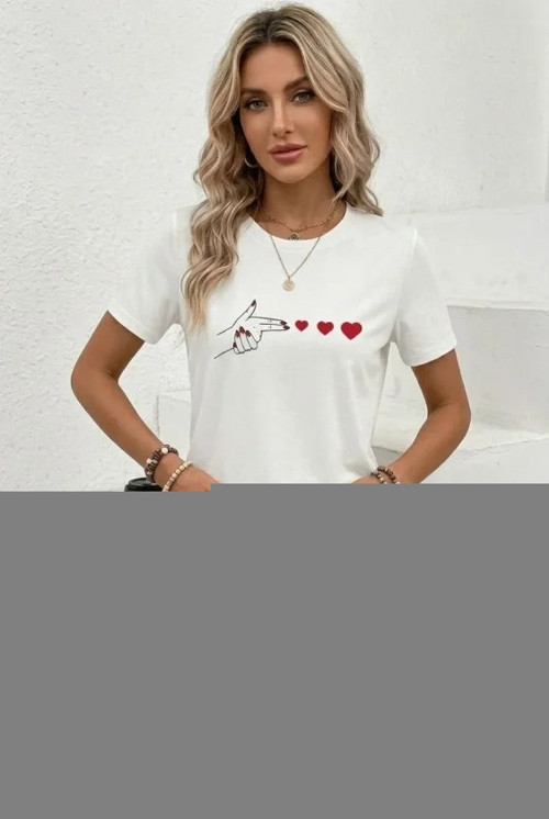 Minimal Kalp İşaret Baskılı Tişört Kısa Kol Yazlık T-Shirt - Beyaz