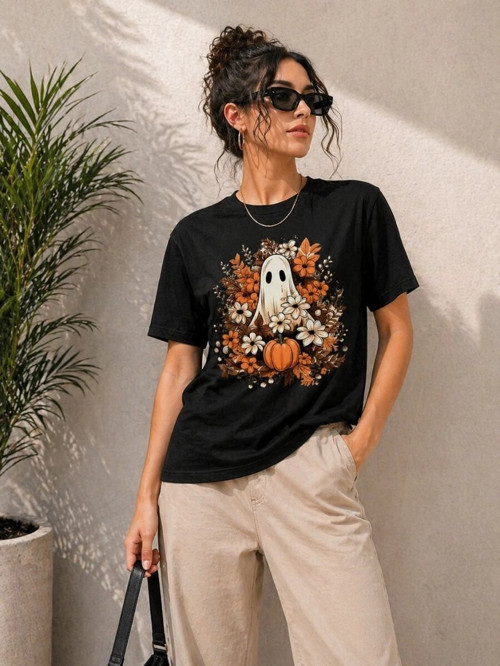 Kadın Siyah Balkabağı Hayalet Figürlü Tişört - Sevimli Karakter Baskılı Yazlık Kısa Kollu T-Shirt