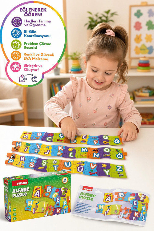 Puedo Türkçe Alfabe Puzzle 58 Parça EVA Eğitici Oyuncak Harf Öğretici 3+ Çocuk Yapboz