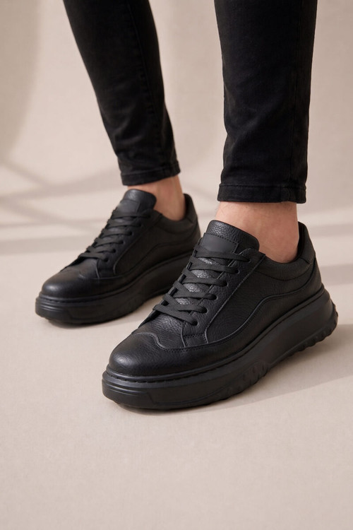 Arad Bağcıklı Cilt Erkek Günlük Sneaker Ayakkab Siyah