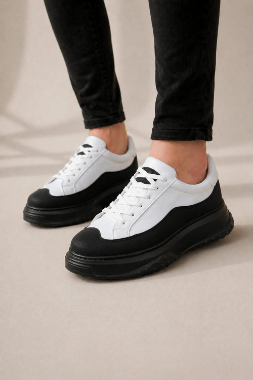 Arad Bağcıklı Cilt Erkek Günlük Sneaker Ayakkab Beyaz Siyah