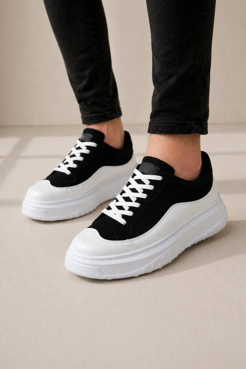 Arad Bağcıklı Cilt Erkek Günlük Sneaker Ayakkab Siyah Beyaz