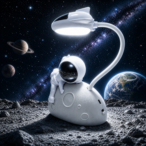ÖZELTASARIM AY ÜSTÜNDE BEYAZ ASTRONOTLU GECE LAMBASI BEYAZ LED IŞIKLI ASTRONOTLU MASA LAMBASI ŞARJLI