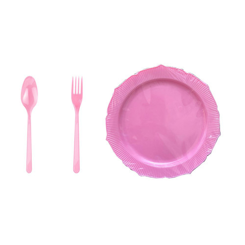 23 Cm. Plastik Mika Pembe Sorfa Piknik Seti - 48 Kişilik Tabak Çatal Kaşık Takımı