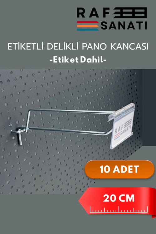 Etiketli Delikli Pano Kancası 20 CM | 10 ADET | Tel Askı Kancası | Delikli Panel Raf Askısı | Fon Kancası Etiketli