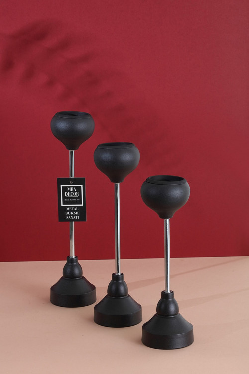 3'Lü ( Üçlü ) Siyah Gümüş Dekoratif Mumluk Şamdan Dekorasyon Metal Paslanmaz Dolu Demir 36 Cm Armut