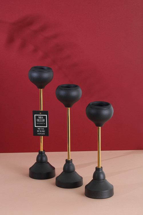 3'Lü ( Üçlü ) Siyah Gold Dekoratif Mumluk Şamdan Dekorasyon Metal Paslanmaz Dolu Demir 36 Cm Armut
