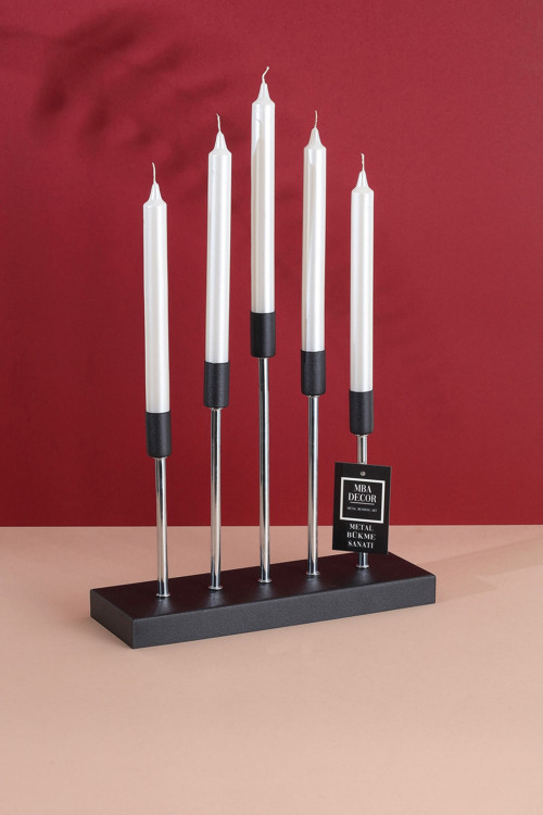 5'Li ( Beşli ) Gümüş Siyah Dekoratif Mumluk Şamdan Dekorasyon Metal Paslanmaz 30-29 Cm Piramit