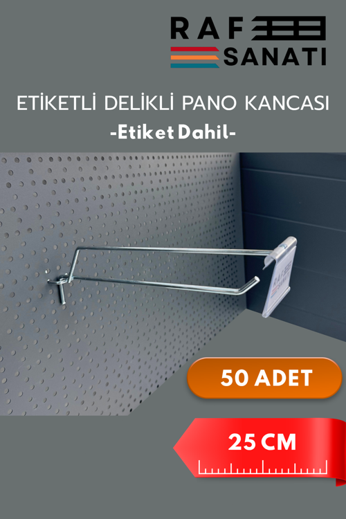 Etiketli Delikli Pano Kancası 25 CM | 50 ADET | Tel Askı Kancası | Delikli Panel Raf Askısı | Fon Kancası Etiketli