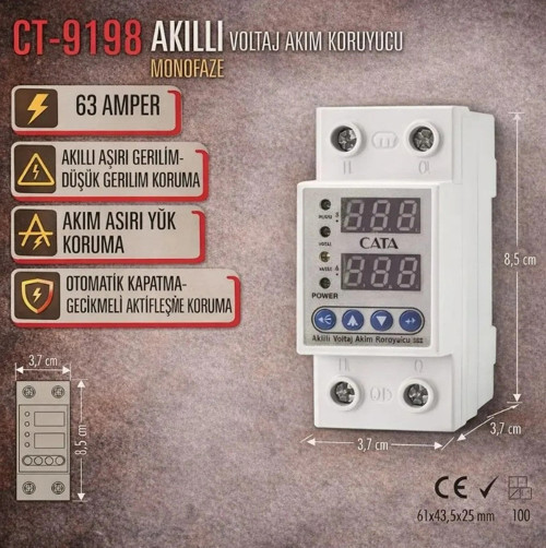 1x63A Monofaze Akıllı Voltaj ve Akım Koruma Rolesi Şebeke Giriş Voltaj Denetleyici 220 Volt 63