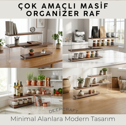 Çok Katlı Mutfak Rafı, Akrilik, Ahşap Organizer, Baharatlık, Yağlık Standı, Tezgah Üstü Düzenleyici Raf