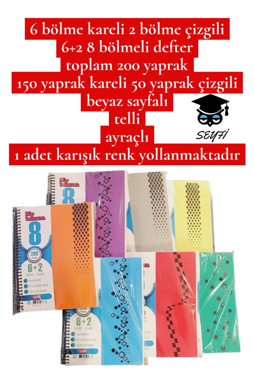 A4 ebat Ayraçlı defter bölmeli kareli ve çizgili plastik kapak telli 20x30 cm