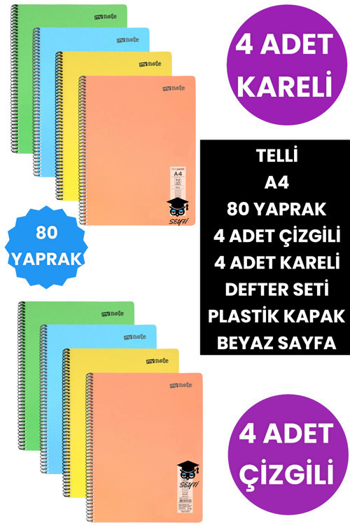 8 adet telli 80 yaprak defter seti 4 adet kareli 4 adet çizgili Plastik kapak