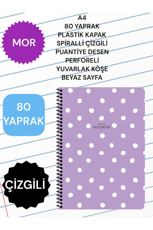 A4 80 YAPRAK PLASTİK KAPAK SPİRALLİ ÇİZGİLİ PUANTİYE DESEN PERFORELİ YUVARLAK KÖŞE BEYAZ SAYFA