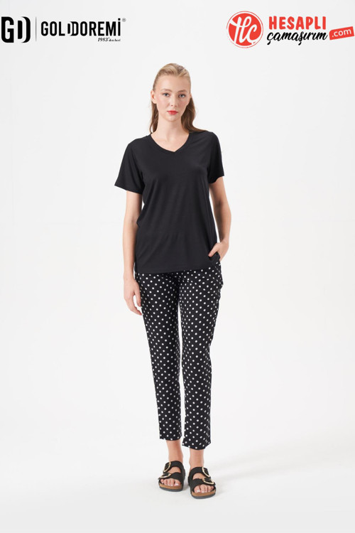 29149 Premium Kadın V Yaka Rahat Kesim Puantiyeli Kısa Kollu Pijama Takım