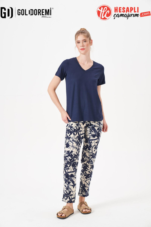 29160 Premium Kadın V Yaka Yazlık Rahat Kesim Kısa Kollu Pijama Takım