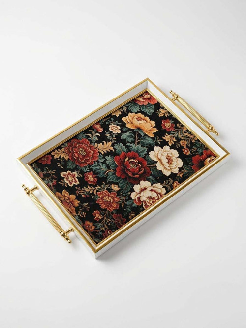 Dijital Baskılı Cam Servis Tepsisi – Efsun Motifli, Metal Kulplu 46x28 cm