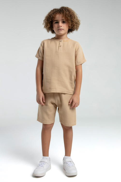 Premium Erkek Çocuk Keten Pamuklu Rahat Kalıp Kısa Kol Bermuda Şortlu Pijama Takım