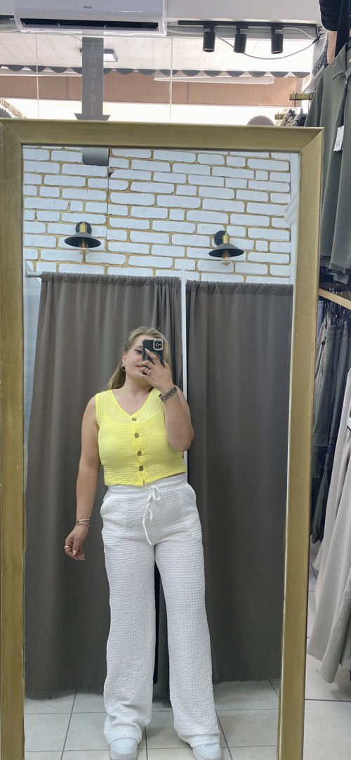 Gofre Crop Yelek Neon Sarı S
