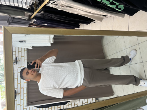 Triko Zincir Desen Tshirt Açık Beyaz M