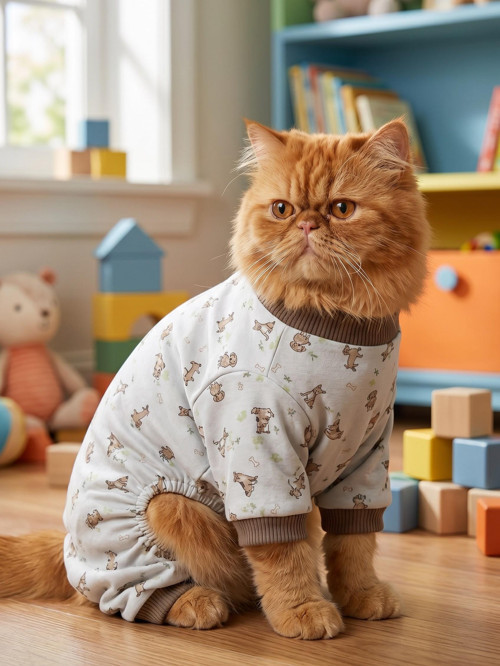 Breeds & Friends Penye Kedi Tulumu | Çok Irklı Desenli Kedi Pijaması