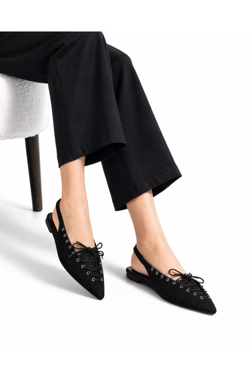 Kadın Süet Bağcıklı Slingback Babet Sivri Burun Arkası Açık Günlük Ayakkabı