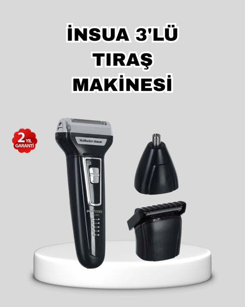 İnsua 3’lü Tıraş Makinesi – 3 Farklı Kesim Başlığı, Güçlü Motor, 60 Dakika Kullanım