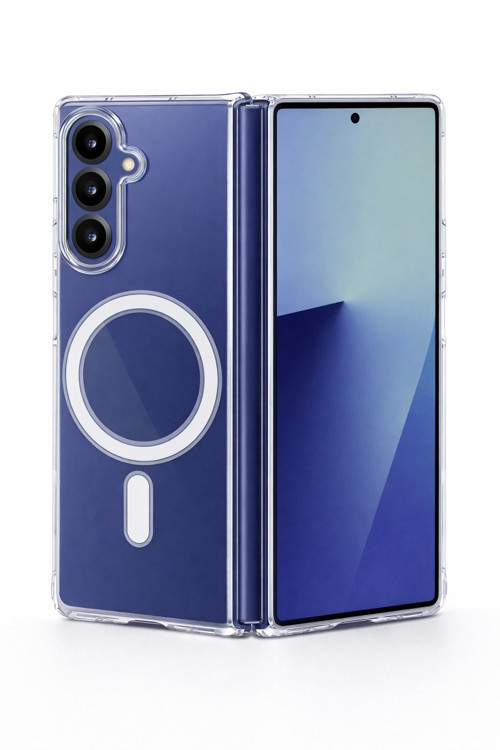 Samsung Galaxy Z Fold 5 Uyumlu Kamera Korumalı Magsafe Wireless Şarj Özellikli Lüks Şeffaf Silikon Telefon Kılıfı
