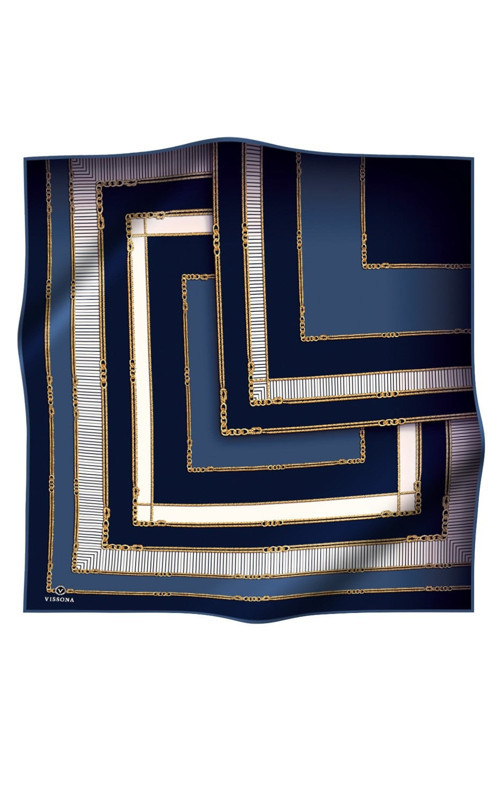 % 57 İPEK % 43 VİSKON Twill İpek Zincir Detaylı Geometrik Desenli Lacivert - İndigo Renkli 90x90 Eşarp Dikim Şekli : El Dikişi
