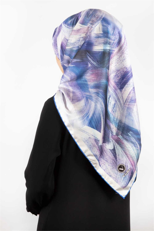 Twill Batik Desenli Saks Renkli 90x90 Eşarp (İpek İçermez) Kenar Dikiş Şekli El Dikişli