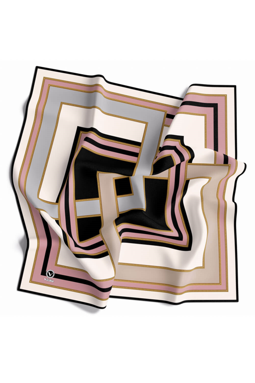 Twill Çerçeve Desenli Gri - Pudra Renkli 90x90 Eşarp (İpek İçermez) Kenar Dikiş Şekli El Dikişli
