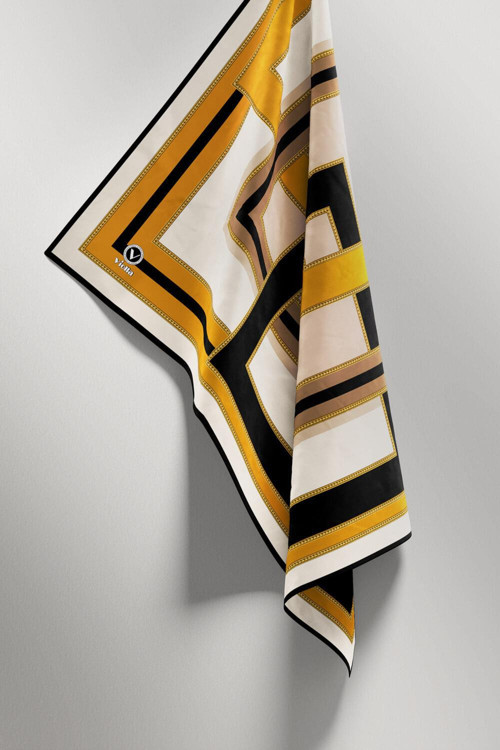 Twill Çerçeve Desenli Siyah - Hardal Renkli 90x90 Eşarp (İpek İçermez) Kenar Dikiş Şekli El Dikişli
