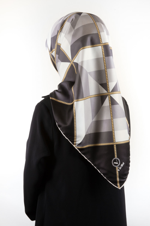 Twill Geometrik Desenli Siyah - Gri Renkli 90x90 Eşarp (İpek İçermez) Kenar Dikiş Şekli El Dikişli