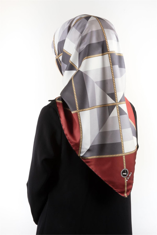 Twill Geometrik Desenli Bordo - Gri Renkli 90x90 Eşarp (İpek İçermez) Kenar Dikiş Şekli El Dikişli