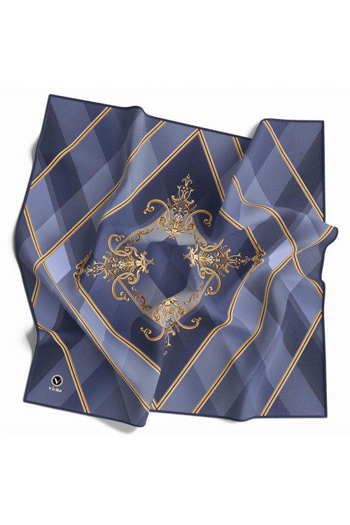 Twill Ekoseli Barok Desenli İndigo Renkli 90x90 Eşarp (İpek İçermez) Kenar Dikiş Şekli El Dikişli