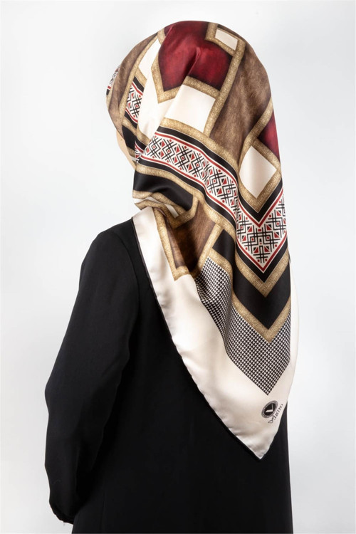 Twill Geometrik Desenli Bordo Renkli 90x90 Eşarp (İpek İçermez) Dikim Şekli : El Dikişi