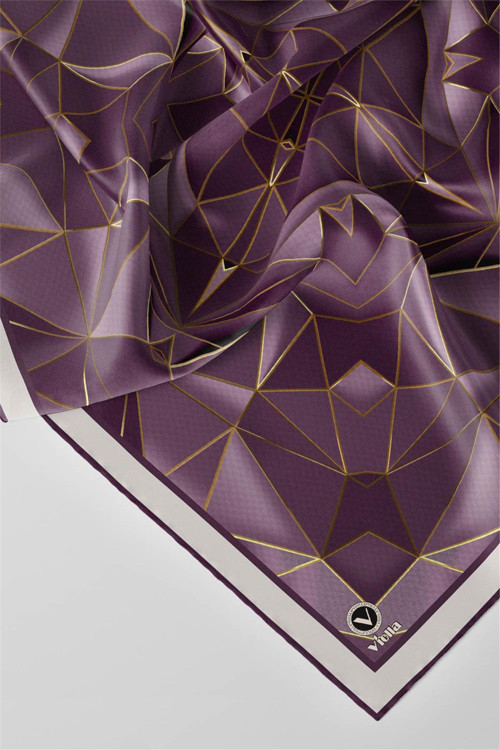 Twill Geometrik Desenli Mor Renkli 90x90 Eşarp (İpek İçermez) Kenar Dikiş Şekli El Dikişli