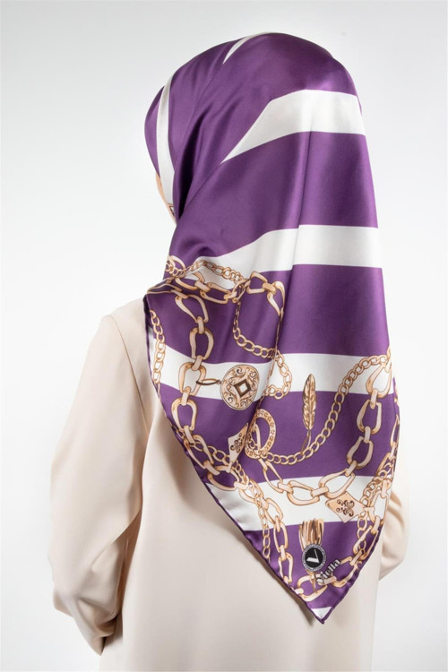 Twill Çizgili Zincir Desenli Lila Renkli 90x90 Eşarp (İpek İçermez) Kenar Dikiş Şekli El Dikişli