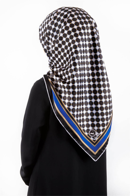 Twill Siyah - Beyaz Kareli Desenli Saks Renkli 90x90 Eşarp (İpek İçermez) Kenar Dikiş Şekli El Dikişli