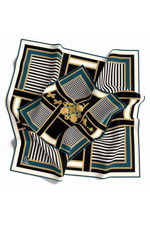 Twill Çizgi ve Barok Desenli Petrol Mavisi Renkli 90x90 Eşarp (İpek İçermez) Kenar Dikiş Şekli El Dikişli